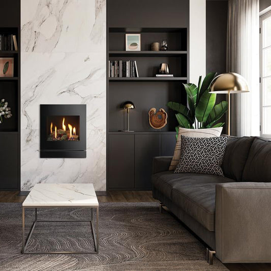 Gazco Logic HE Conventional Flue Log Effect Gas Fire with Designio2 Black Glass Frame