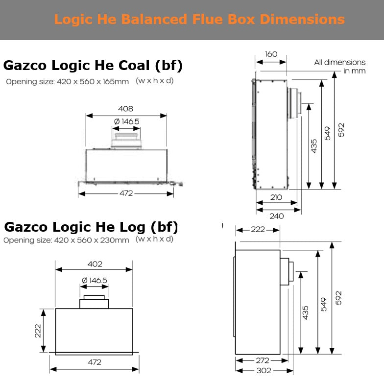 Logic He Balanced Flue Box and Flue Dimension Drawing