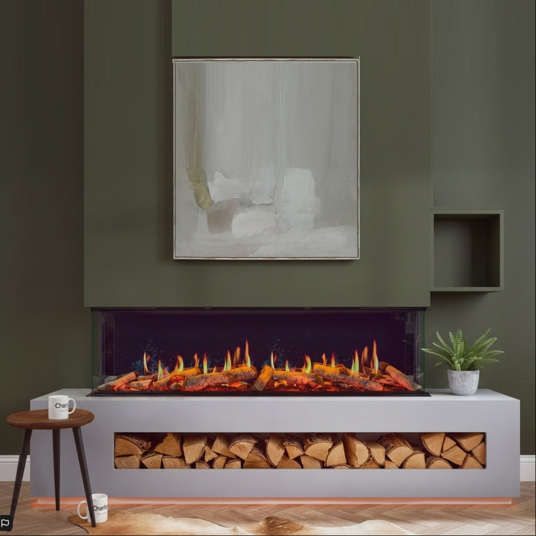 C&J Luminosa 150 Multi-Sided Electric Fire on Olive Green Media Feature Wall