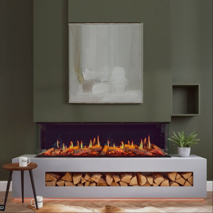 C&J Luminosa 150 Multi-Sided Electric Fire on Olive Green Media Feature Wall
