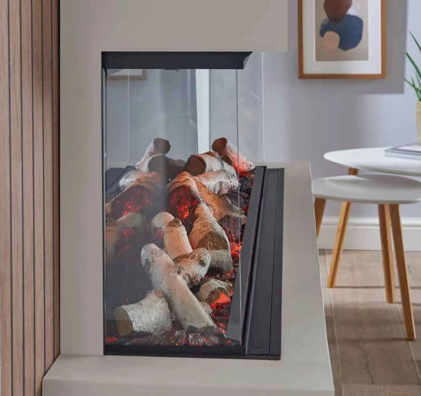 C&J Luminosa 150 Multi-Sided Electric Fire on Olive Green Media Feature Wall Side View Slim View