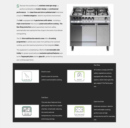 Lofra MT96MF/C 90cm Dual Fuel Range Cooker Stainless–Multifunction Oven Pull-Out Trolley