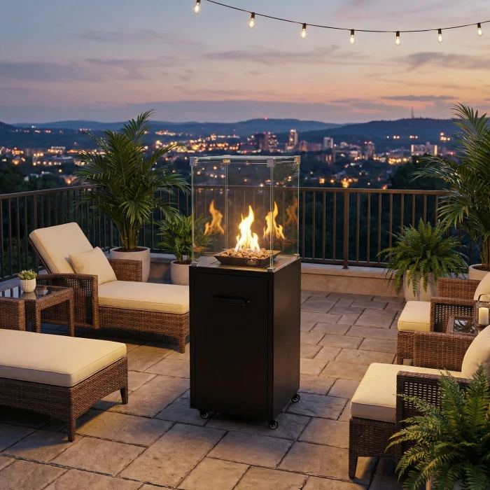 Outdoor Gas Patio Heater Murcia/ Malaga Real flame Log / Lava effect 3 -7kw for bottled gas.