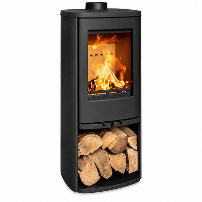 The Mazona Cassa 5kW Solid Fuel Pedestal Wood Burning Stove Ireland straight firewood stove shown on a white product information background with text specs, feature icons, and smaller detail photos of the open door handle and fire inside.