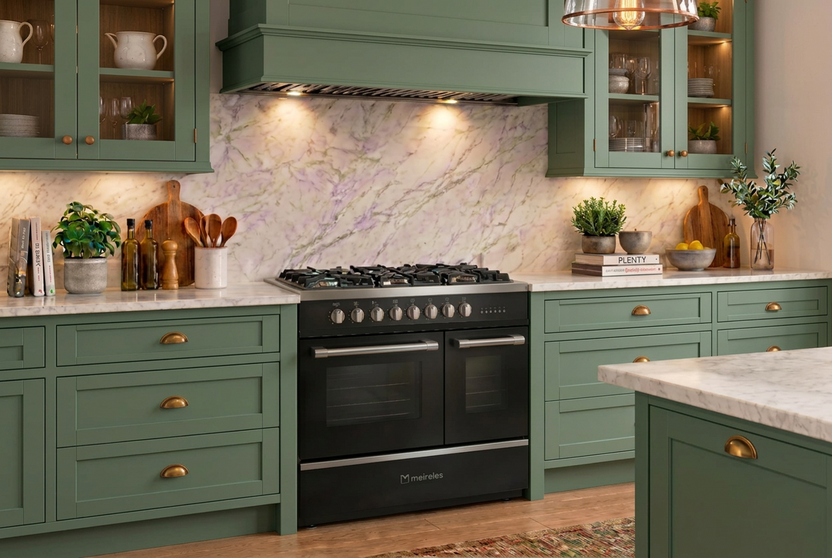 A black Lisbon freestanding gas duel fuel range range cooker with multiple knobs and a digital control panel, set in a modern kitchen with light gray cabinets, white marble countertops, and gold handles.     