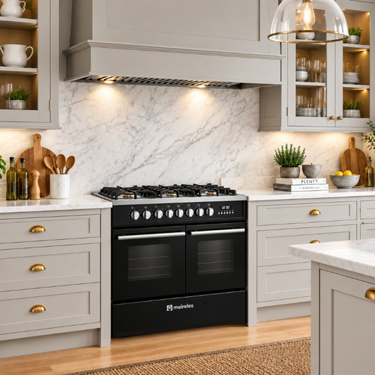 A black Lisbon freestanding gas duel fuel range range cooker with multiple knobs and a digital control panel, set in a modern kitchen with light gray cabinets, white marble countertops, and gold handles. 