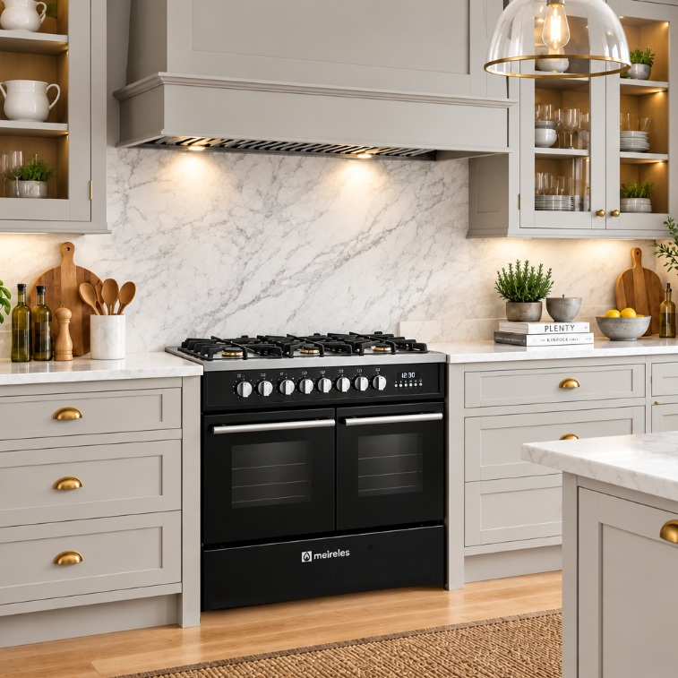 A black Lisbon freestanding gas duel fuel range range cooker with multiple knobs and a digital control panel, set in a modern kitchen with light gray cabinets, white marble countertops, and gold handles. 