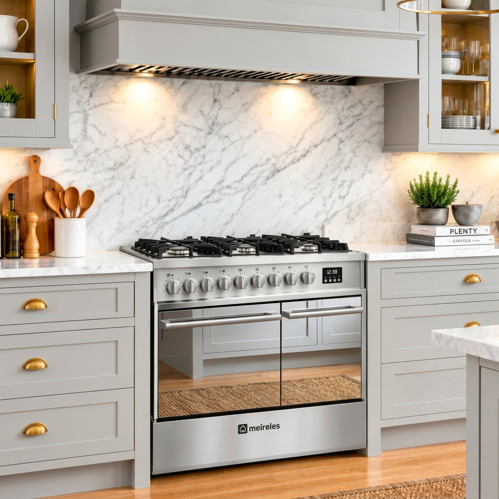 A stainless steel Meireles gas range cooker with black glass doors, installed in a modern kitchen with gray cabinets, a white marble backsplash, and light wood flooring.   