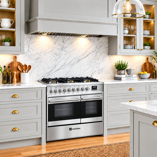 A stainless steel Meireles gas range cooker with black glass doors, installed in a modern kitchen with gray cabinets, a white marble backsplash, and light wood flooring. 