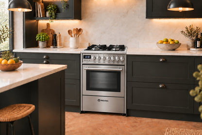 A black Mereles gas range cooker installed in a modern kitchen with dark charcoal cabinets, white marble countertops, and warm pendant lighting.