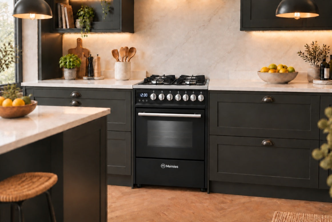 Meireles Braga E610X Professioanl 60cm Black & Steel Gas Dual Fuel Range Cooker with Warming Drawer