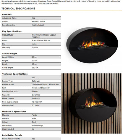 ScandiFlame Mystic Electric Wall-Mounted Water Vapour Smoke Effect LED Electric Fireplace