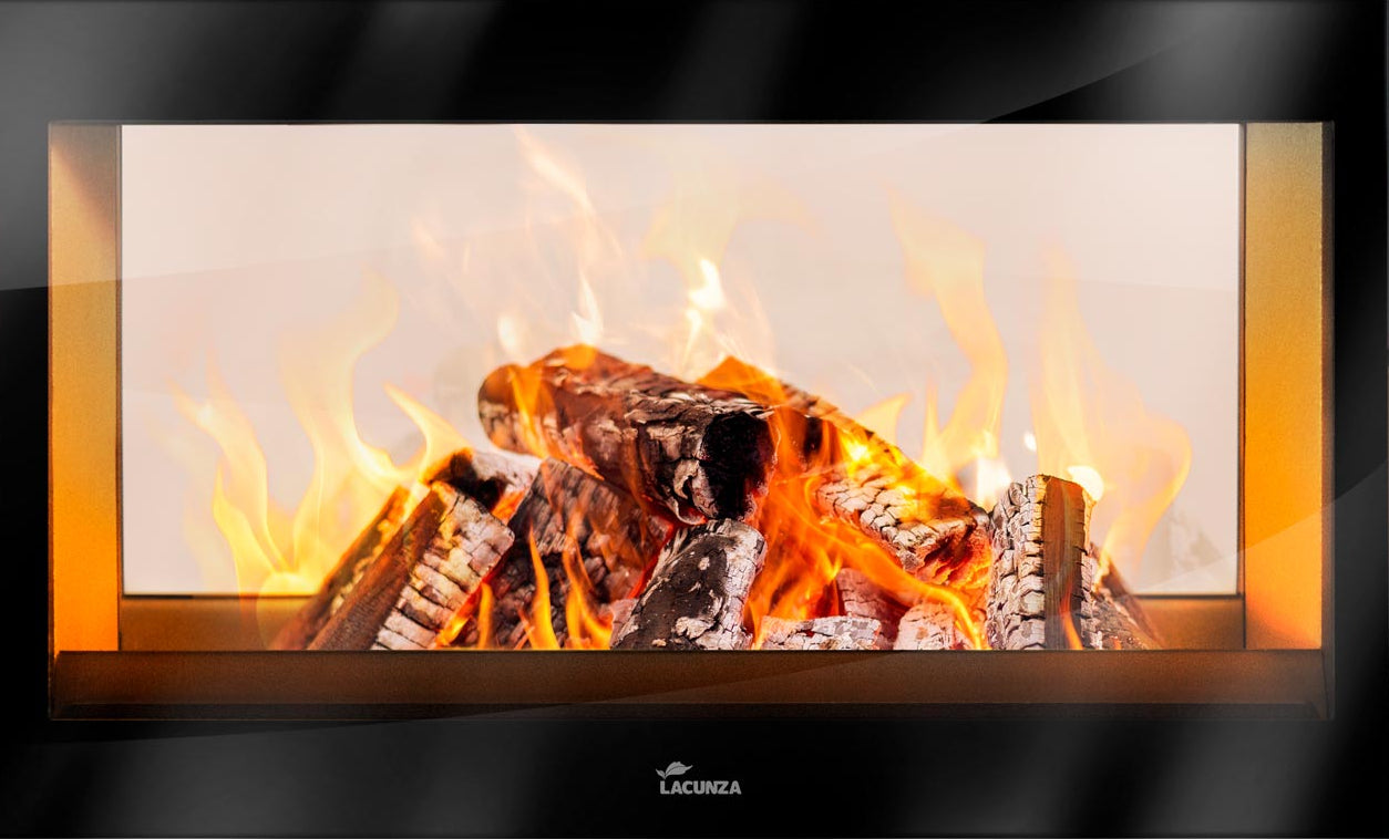 Digital fireplace display with flames and logs, featuring the Lacunza Flame Effect