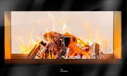 Digital fireplace display with flames and logs, featuring the Lacunza Flame Effect