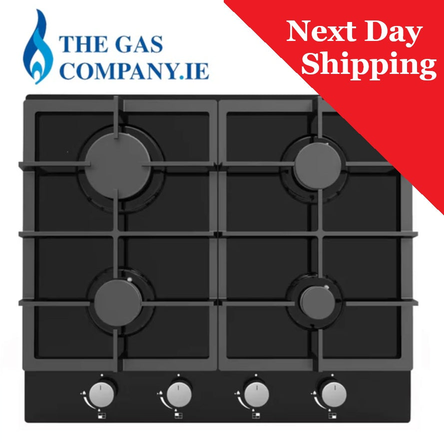 Gas on Black Glass Hob Cata TGCUBGOG60BK, 4 Ring Burner Gas Hob, Black