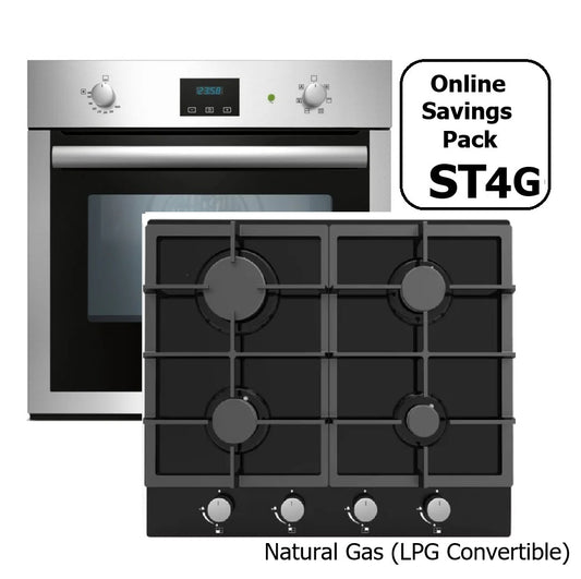 STAINLESS STEEL SINGLE GAS FAN OVEN & 4 BURNER BLACK GAS HOB PACK :ST4G