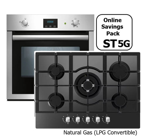 STAINLESS STEEL SINGLE GAS FAN OVEN & 5 BURNER BLACK GAS HOB PACK :ST5G