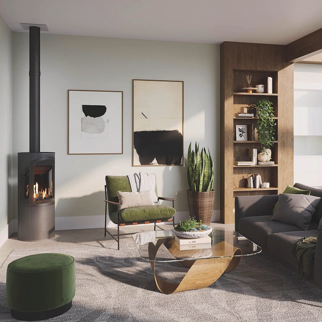 Onyx Liv 3 Gas Stove High Efficiency Gas Stove Ireland Contemporary Log Effect Gas Stove in a Modern living room with a fireplace, sofa, and decorative elements.