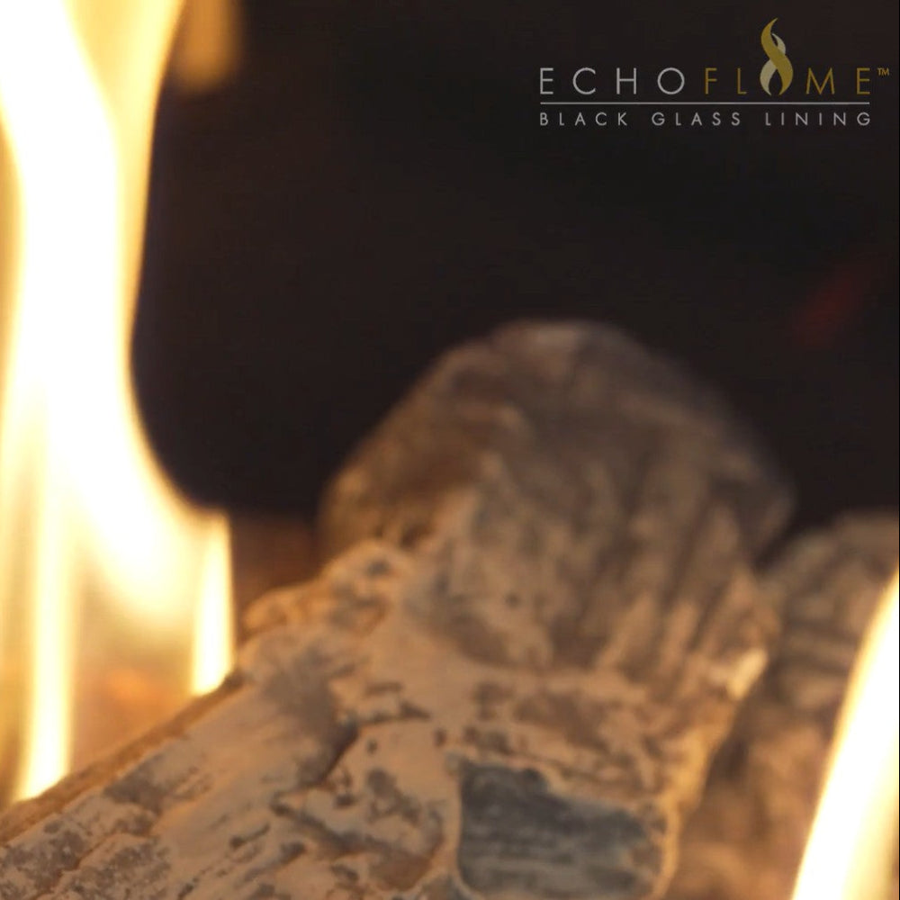 Close-up of burning wood with 'Echo Flame' branding in the background from the Onyx Liv 3 Gas Stove High Efficiency Gas Stove Ireland Contemporary Log Effect Gas Stove