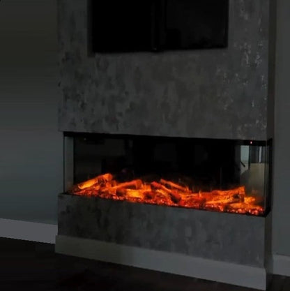 Modern FLAMORA PR1300 electric fireplace with glowing logs on a gray background