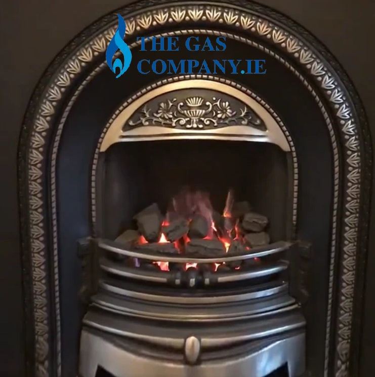 TheGasCompany.ie Photo of The Fully Requential Remote Controlled Inset Gas Fire in a cast Iron Arched Fireplace