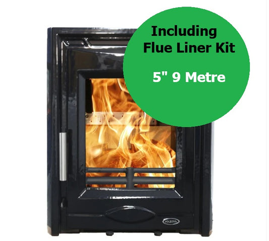 Portland 5 kw Multi-Fuel Solid Fuel Black Enamel Inset Cast Stove 4.6kw and Chimney Flue Bundle