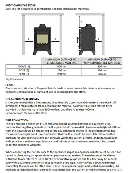Technical guidelines for positioning a stove with clearances to combustible and non-combustible materials.