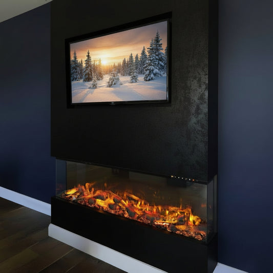 A modern wall-mounted electric fireplace with a glass front showing glowing orange and yellow faux flames, set into a textured brown wall panel with an integrated black television above it.