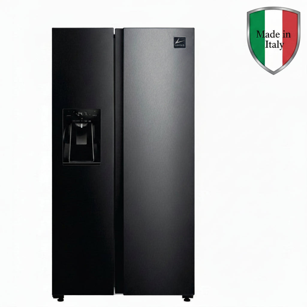 A side-by-side refrigerator with a dark stainless finish on the left door and a dark charcoal textured finish on the right door, featuring a water and ice dispenser on the left door and a small logo badge near the top right of the right door.