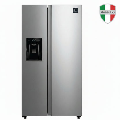 A stainless steel side-by-side refrigerator with a water and ice dispenser on the left door and a small black logo plate near the top right of the right door.  
