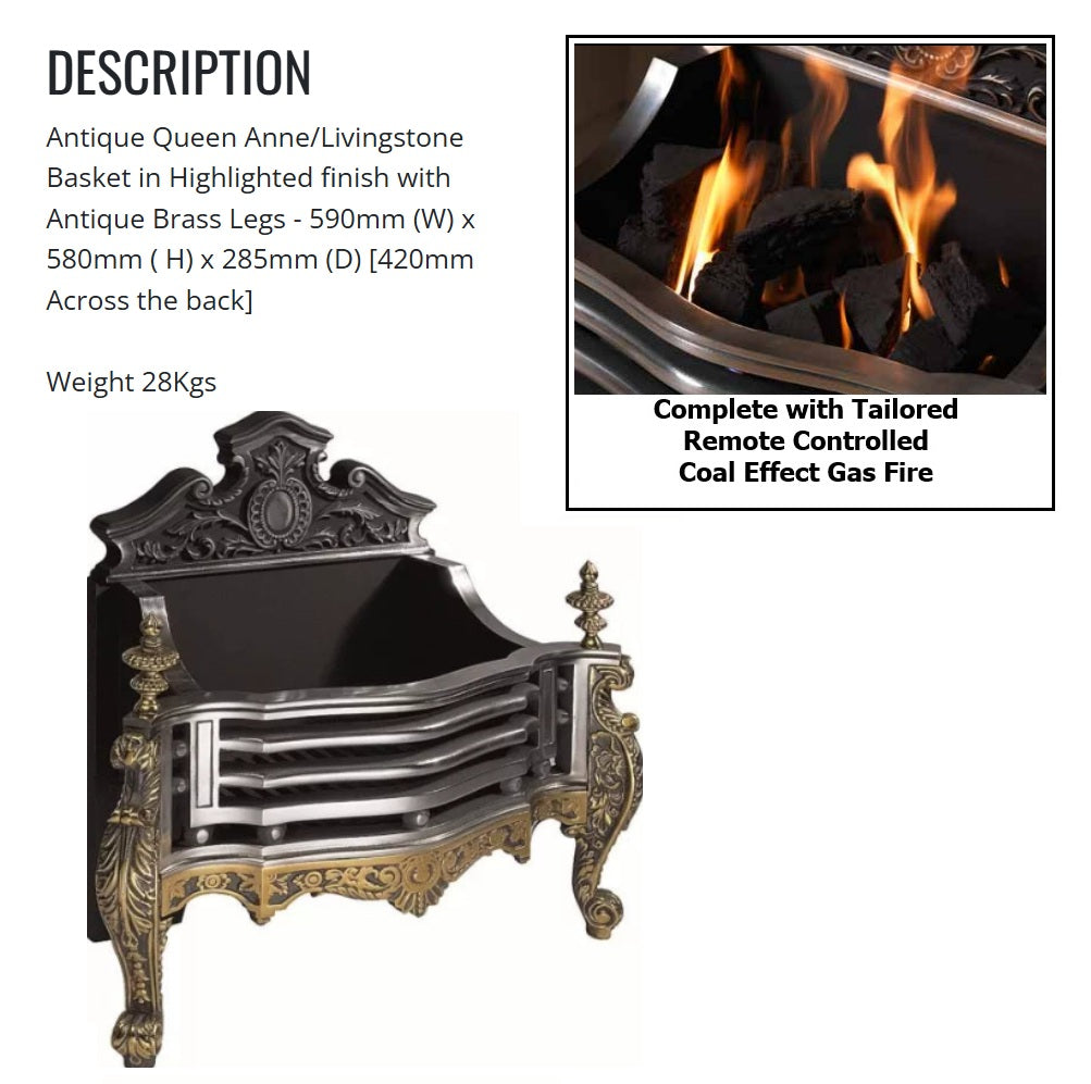 Queen Anne Remote Controlled Gas Basket Fire with tailored Coal Effect Gas Inset Fire