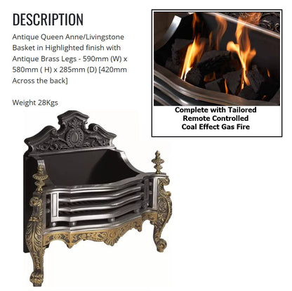 Queen Anne Remote Controlled Gas Basket Fire with tailored Coal Effect Gas Inset Fire
