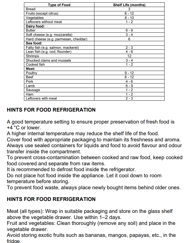 A printed informational chart titled in English and Spanish about food shelf life and food refrigeration, with a table listing different food types, examples, and shelf life durations, plus general refrigeration tips.