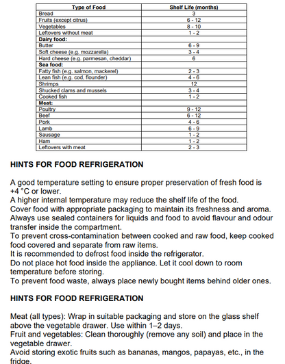 A printed informational chart titled in English and Spanish about food shelf life and food refrigeration, with a table listing different food types, examples, and shelf life durations, plus general refrigeration tips.