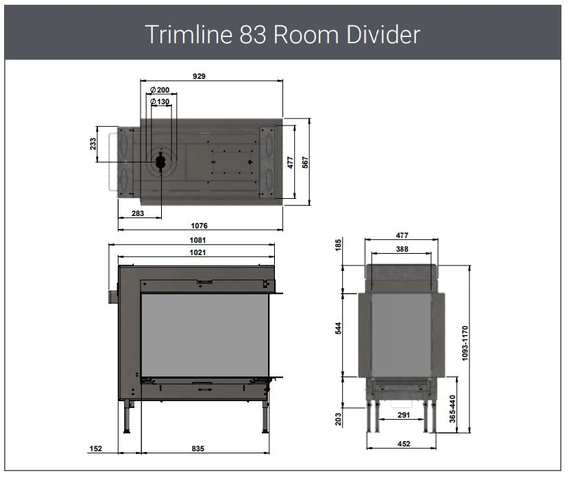 Trimline TL83-2RD 2 Sided Room Divider Gas Fire Balanced Flue ,Burning Logs ,Black Glass Liners.