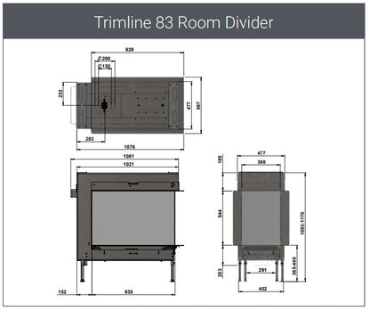 Trimline TL83-2RD 2 Sided Room Divider Gas Fire Balanced Flue ,Burning Logs ,Black Glass Liners.