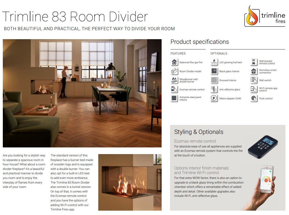 Trimline TL83-2RD 2 Sided Room Divider Gas Fire Balanced Flue ,Burning Logs ,Black Glass Liners.