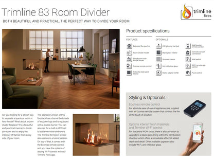Trimline TL83-2RD 2 Sided Room Divider Gas Fire Balanced Flue ,Burning Logs ,Black Glass Liners.