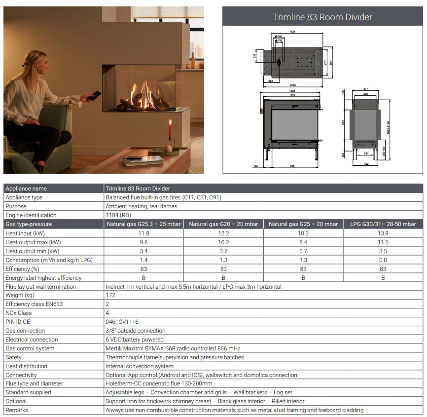 Trimline TL83-2RD 2 Sided Room Divider Gas Fire Balanced Flue ,Burning Logs ,Black Glass Liners.
