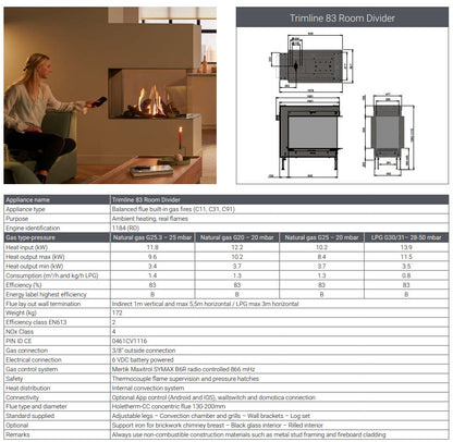 Trimline TL83-2RD 2 Sided Room Divider Gas Fire Balanced Flue ,Burning Logs ,Black Glass Liners.