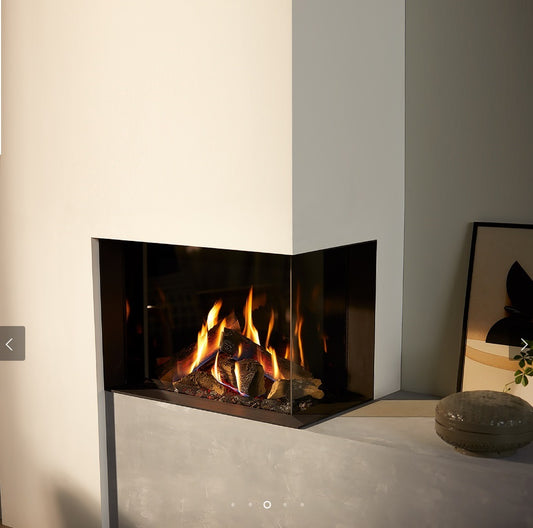 Trimline TL64-2R Right Hand Corner Gas Fire Balanced Flue, Burning Logs & Black Glass Liners.