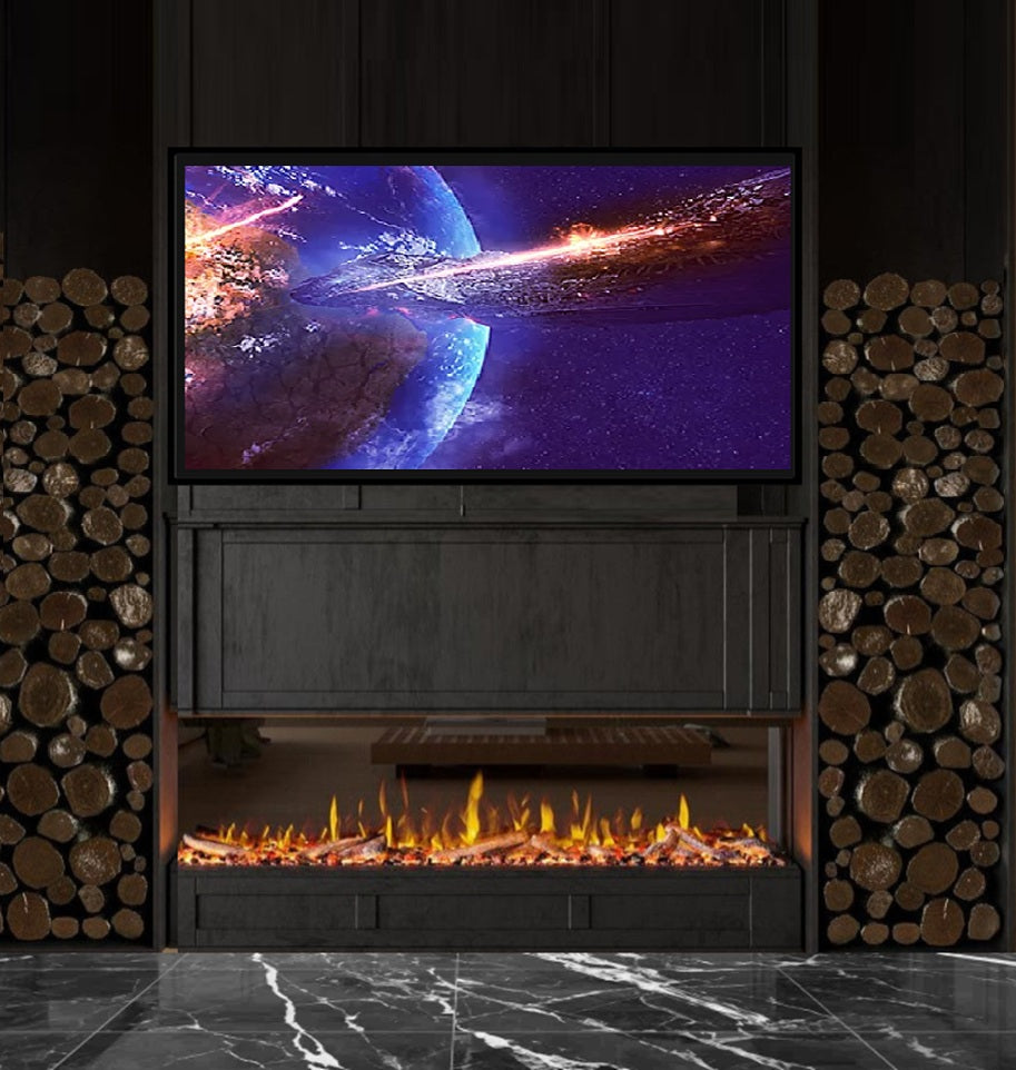 Electric Flamora PR1800 Electric Feature Wall fireplace with a TV above it displaying a outer space TV scene, surrounded by stacked logs.
