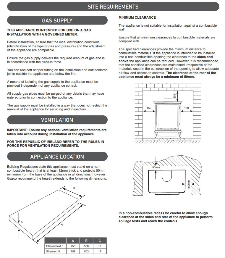 Technical guidelines for Sheraton Chesterfield gas appliance installation guide details