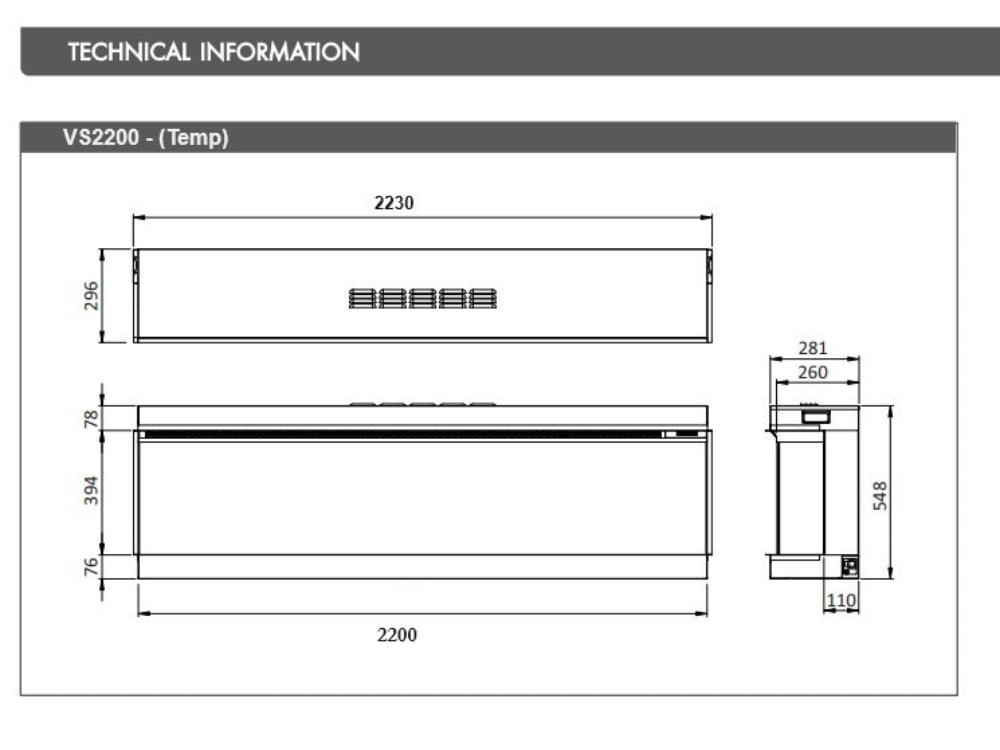 Solus 2.2 metre Electric Feature Wall Fire Dimensions 