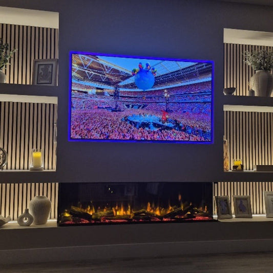 ICONIC EICON160 1600mm Electric Fire with SOLARFLAME Log Set Multi-Sided Electric Fire, Live TV Concert on TV