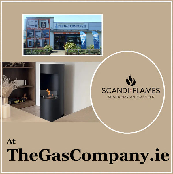 Advertisement for ScandiFlames ecofires with a fireplace and The Gas Company branding.