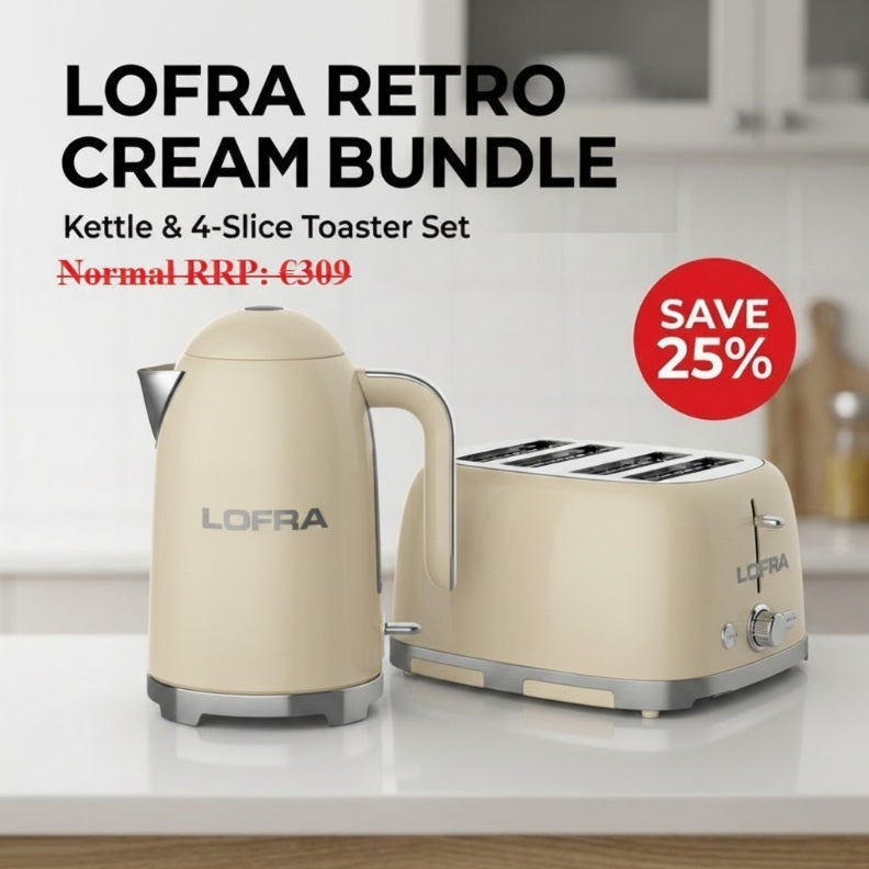 Lofra Retro Cream Breakfast Tea & Toast Bundle- Kettle & 4 Slice Toaster