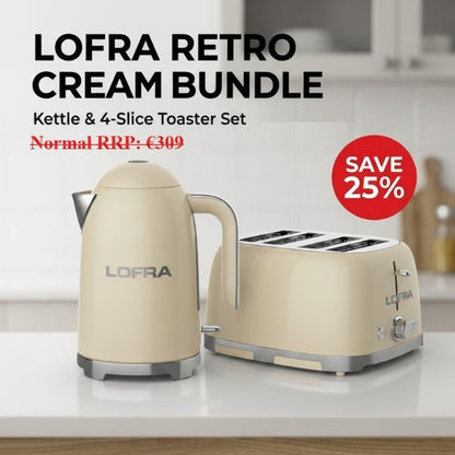 Lofra Retro Cream Breakfast Tea & Toast Bundle- Kettle & 4 Slice Toaster