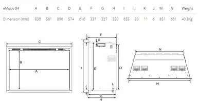 eMotiv 84 Electric Fire dimensions
