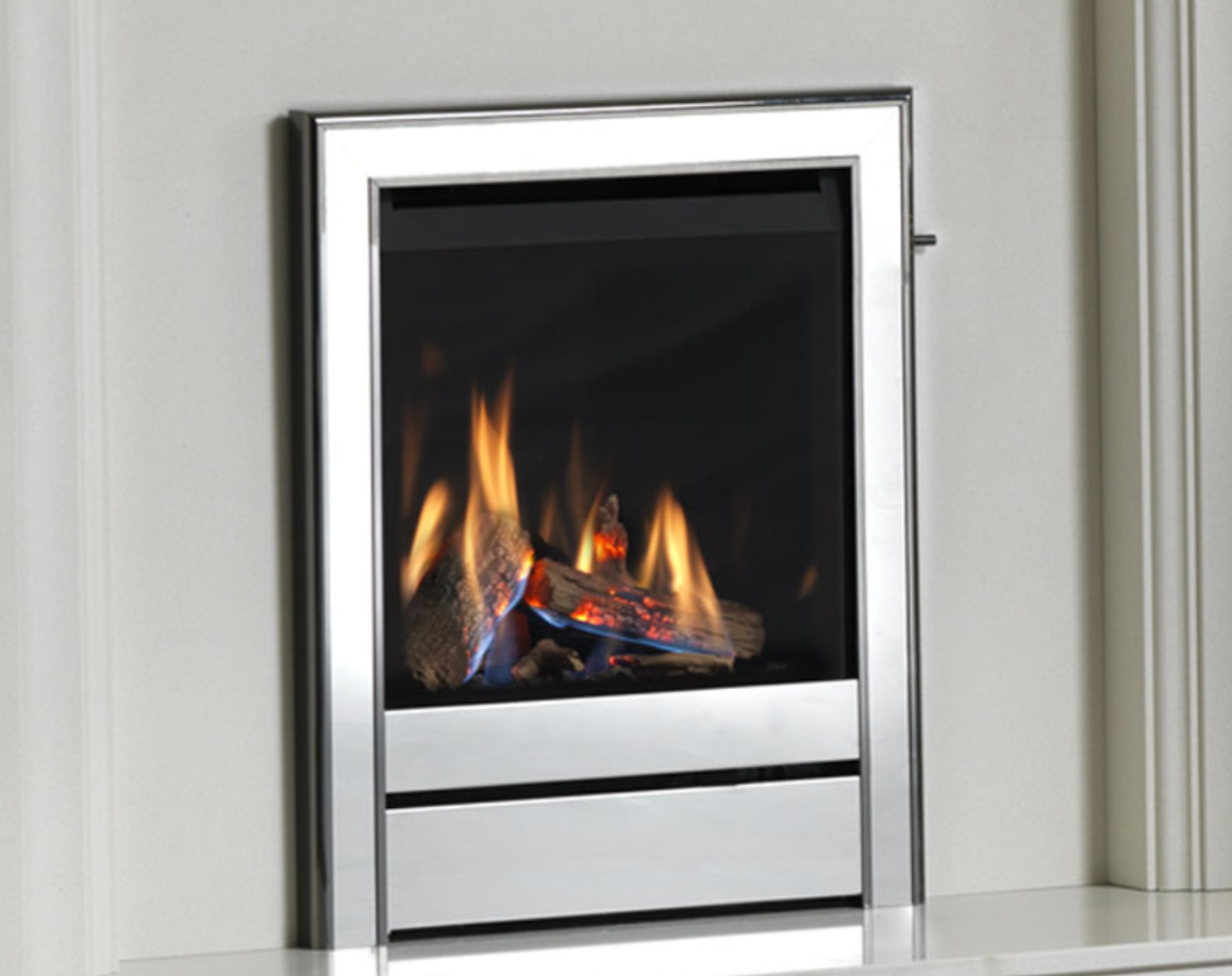 Wildfire Ravel 400 HE Log Effect Slide Control Conventional Flue Gas Fire with Black Nickel & Chrome Contemporary Trim up close image 
